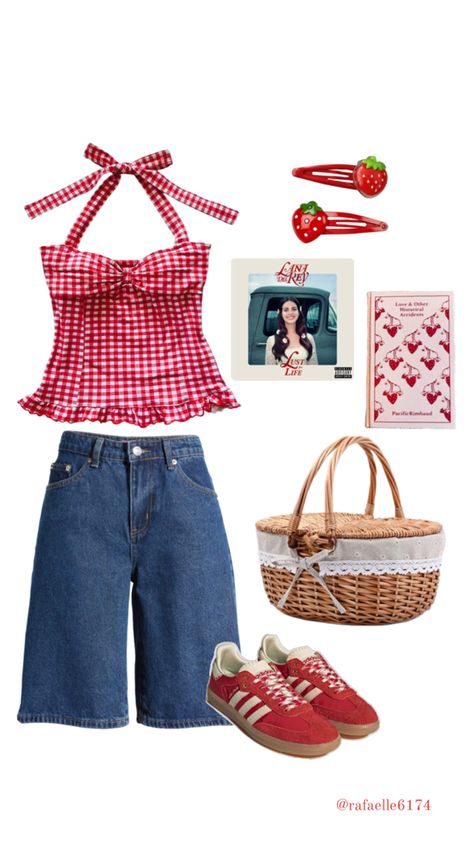 #fashion #outfit #strawberry #strawberrygirl #gingham #red #jorts #samba #lanadelrey Strawberry Outfit, Gingham Outfit, Strawberry Girl, 90s Inspired Outfits, Outfit Primavera, Korean Casual Outfits, Funky Outfits, Fashion Aesthetics