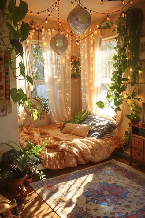 Bedroom Flowers Decoration, Plants For Room Decor, New Home Room Ideas, Sun Bedroom Ideas, Different Aesthetic Room Ideas, Practical Room Decor, Room Light Decor Ideas, Cute Decor Ideas For Bedroom, Sun Inspired Room