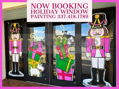 Christmas Business Window Painting, Christmas Glass Door Painting Ideas, Christmas Window Display Paint, Seasonal Window Painting, Christmas Window Mural, Elf Window Painting, Christmas Window Art Ideas Diy, Nutcracker Window Painting, Gingerbread Window Painting