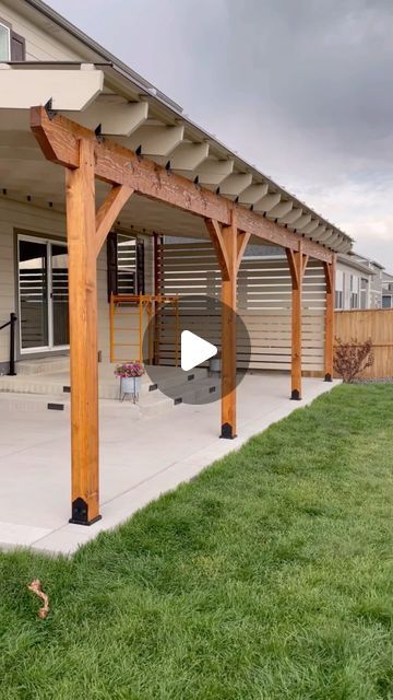 Sequoia Custom Builders on Instagram: "Another pergola 🌿🔥  .  @cover_your_pergola  #pergola #patio #carpentry #beamwork #architecture #backyard #denver  #sequoiacustombuilders @kellyb213 #colorado #bouldercolorado #denver #coveryourpergola" Pergola Roof Design, Front Patio With Pergola, Backyard Patio Overhang, Covering Pergola Roof, Backyard With Covered Patio, Pergola Built Off House, Pergola On Rooftop, Covered Backyard Ideas, Verander Design