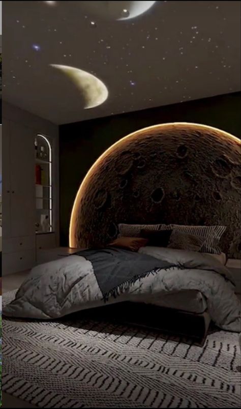 Moon Interior Design, Cool Rooms In Houses, Moon Bedroom Aesthetic, Coolest Bedrooms Ever, Moon Bedroom Ideas, Moon Aesthetic Room, Moon Room Aesthetic, Moon Bed, Unique Bedroom Design