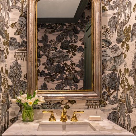 Glam Powder Room Wallpaper, Mural In Powder Room, Swanky Powder Room, Statement Wallpaper Powder Room, Wallpaper Powder Room Small Luxe, Statement Powder Room Wallpaper, Glamorous Powder Room Ideas, Wallpapered Powder Bath, Vintage Wallpaper Powder Room