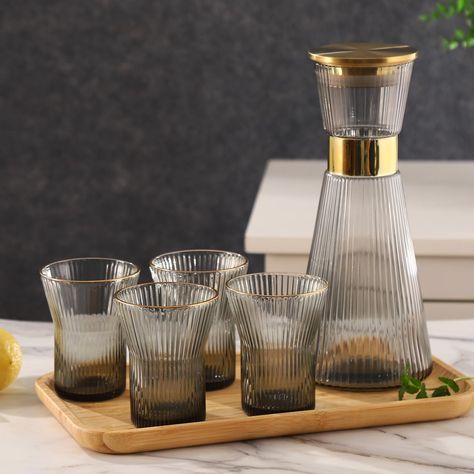 PRICES MAY VARY. 【Unique & Elegant Design, with Golden Decoration】DUJUST black carafe set features a new vertical stripe design, with a hand-painted golden neck, beautiful and elegant. The crystal glass looks simple and classy. The golden lid and bamboo tray add a more natural feel. On a super hot summer day, take a sip of juice or iced lemon water, there's NOTHING HAPPIER than that. 【High-Quality Crystal Glass, Sturdy and Durable】We care about quality a lot. The carafe body, made of superior cr Crystal Glass Set, Golden Decoration, Carafe Set, Dinner Ware, Water Carafe, Bamboo Tray, Glass Carafe, Apartment Decor Inspiration, Lemon Water