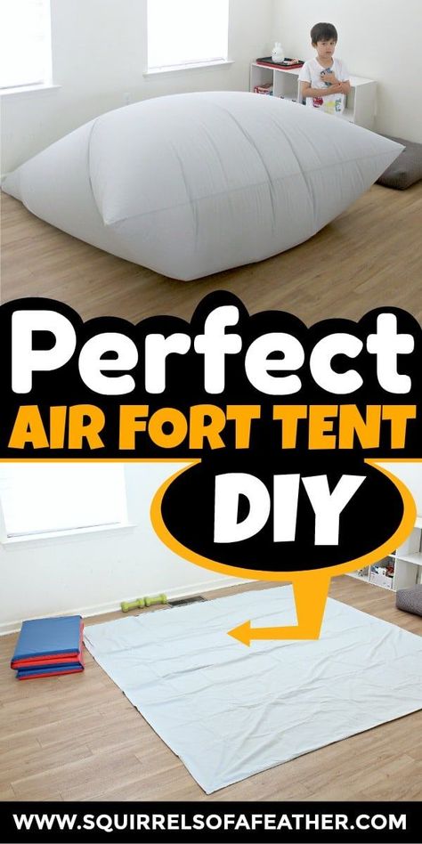 This DIY air fort makes a great indoor activity for kids! Your kids will play quietly for hours with this fun activity for kids - it works in the summer or winter, as long as you have a fan! Since it uses stuff you already have laying around the house, there isn't much to clean up afterwards. Great for the minimalist mom. :) This fun creative play is fun for toddlers, preschoolers, and even adults who love them! #indooractivitiesforkids #playtime #airfort Air Fort, Indoor Tent For Kids, Indoor Forts, Diy Fort, Backyard Fort, Fun For Toddlers, Playroom Inspiration, Indoor Tents, Fun Activity For Kids