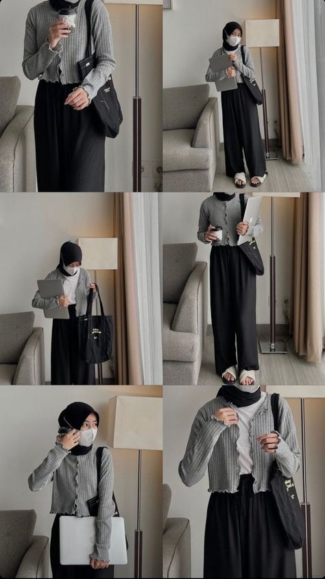 Grey Cardigan Outfit Hijab, Crop Sweater Outfits Hijab, Ootd Cardigan Crop Hijab, Ootd Sweater Crop, Grey Outfit Hijab, Ootd Cardigan Crop, Outfit Celana Kulot, Morocco Outfits, Outfit Kulot