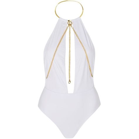 White Chain Plunge Swimsuit by Rare ($54) ❤ liked on Polyvore featuring swimwear, one-piece swimsuits, white, halter top, halter swimsuit tops, halter bathing suit, white one piece swimsuit and plunge swimsuit Gold Bathing Suit, Bordelle Lingerie, 70s Fashion Disco, Gold One Piece, White One Piece Swimsuit, Halter Top Bathing Suits, Gold Swimsuit, Halter Bathing Suit, Beachy Outfits