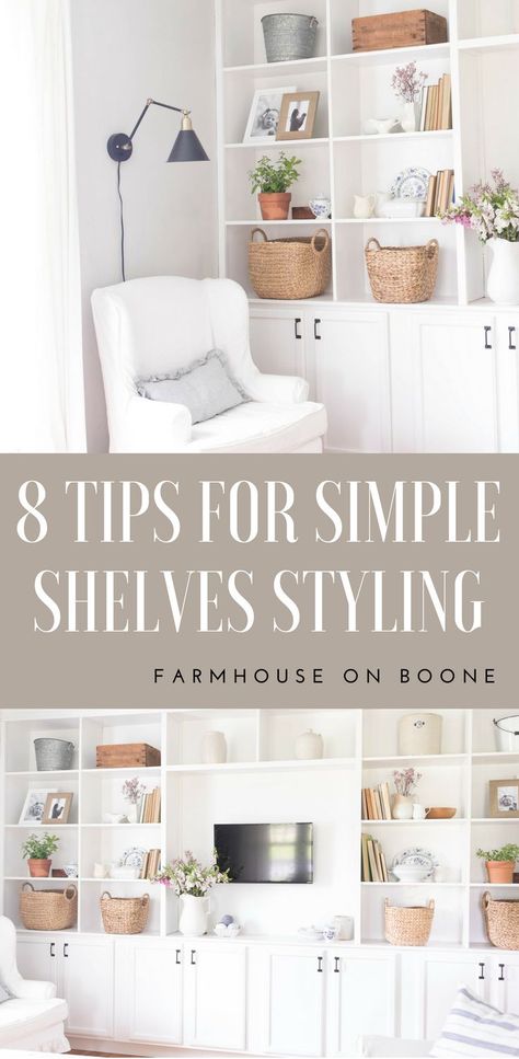 How to style built in shelves how to style built ins simple and neutral #builtins #bookshelves #decoratingideas #farmhousestyle #farmhousedecor #farmhouseonboone #farmhouse #livingroom #livingroomdecor #livingroomideas Style Built In Shelves, How To Style Built In Shelves, Built In Shelf Decor, Styling Built In Shelves, Shelves Styling, Built In Shelves Living Room, Living Room Decor Neutral, Shelf Decor Living Room, Decorating Bookshelves