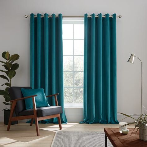 Ashford Teal Velour Eyelet Curtains | Dunelm Teal Living Room Color Scheme, Turquoise Curtains, Teal Living Room Decor, Dark Green Living Room, Living Room Color Combination, Teal Curtains, Room Color Combination, Teal Living Rooms, Living Room Wall Color