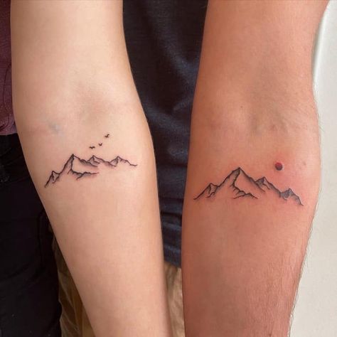 Four Mountains Tattoo, Mountain Tattoo Ideas Simple, 4 Mountain Tattoo, Good Starter Tattoos, Mountain Tattoos Small, Mountain Tattoo With Trees Simple, Small Mountain Tattoos For Women Forearm, Pretty Mountain Tattoos, Cringe Matching Tattoos