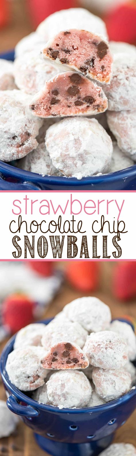 Strawberry Chocolate Chip Snowball Cookies - Crazy for Crust Chocolate Chip Snowball Cookies Recipe, Chocolate Chip Snowball Cookies, Russian Tea Cakes Cookies, Strawberry Chocolate Chip, Tea Cake Cookies, Snowball Cookie Recipe, Russian Tea Cake, Tea Cakes Recipes, Snowball Cookies