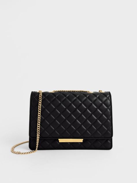 Black Double Chain Handle Quilted Bag Black Leather Crossbody Bag, All 50 States, Side Bags, Charles Keith, Double Chain, Designer Shoulder Bags, Chain Bag, Black Quilt, Quilted Bag