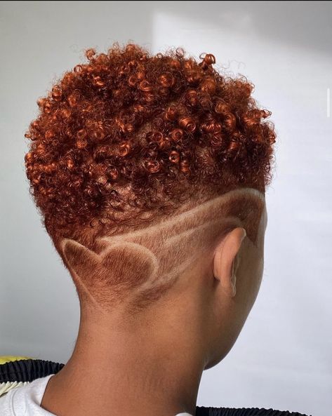 Black Women With Short Colored Hair, Hair Color Short Hair Black Women, Woman Tapered Haircut, Dyed Fade Haircut Black Women, Short Natural Hairstyles For Black Women With Designs, Female Tapered Fade, Copper Tapered Natural Hair, Ginger Haircut Black Women, Short Haircut Designs For Black Women