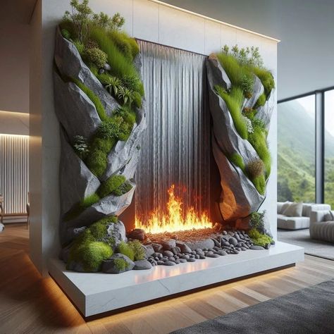 Transform Your Home with a Stunning Waterfall-Shaped Fireplace Interior Waterfall, Artificial Waterfall, Diy Waterfall, Fireplace Style, Detroit Zoo, Indoor Water Features, Indoor Waterfall, Waterfall Wall, Waterfall Design