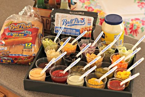 Hot Dog Bar Set Up, Firepit Party, Hot Dog Bar Party, Hot Dog Buffet, Hot Dog Bar Toppings, Baseball Food, Hot Dog Party, Party Food Bars, Fire Pit Party