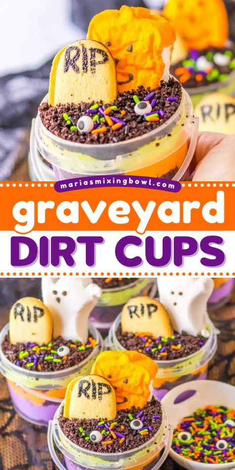 In search of Halloween treats for parties? Here's a Halloween dirt cup recipe! It's an easy Halloween dessert kids will love. With a combo of cake, pudding, and crushed Oreos, these DIY Graveyard Dirt Cups are cute and fun! Chocolate Pudding Halloween Dessert, Make Your Own Dirt Cup Bar, Graveyard Oreo Dirt Cake, Halloween Dirt Cake Recipe Easy, Grave Yard Pudding Cup, Oreo Dirt Cake Cups, Individual Dirt Pudding Cups, Halloween Oreo Dirt Cake, Graveyard Dirt Cups