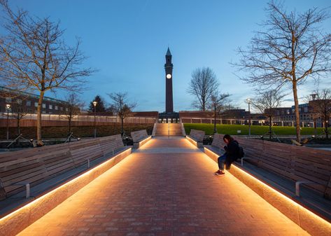 The University of Birmingham – The Green Heart by Churchman Thornhill Finch « Landscape Architecture Platform | Landezine Park Lighting, Landscape Lighting Design, University Of Birmingham, Backyard Movie Nights, Backyard Movie, Facade Lighting, Urban Lighting, Outdoor Lighting Landscape, Lighting Concepts