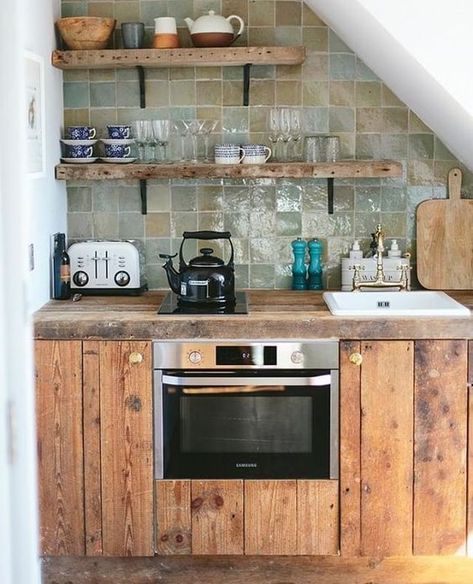 Rustic Kitchenette Ideas, Modern Tiny Cabin Interior, Rustic Kitchenette, Cabin Kitchenette, Tiny Cabin Kitchen, Skoolie Ideas, Boho Cabin, Kitchenette Ideas, Artist Residence