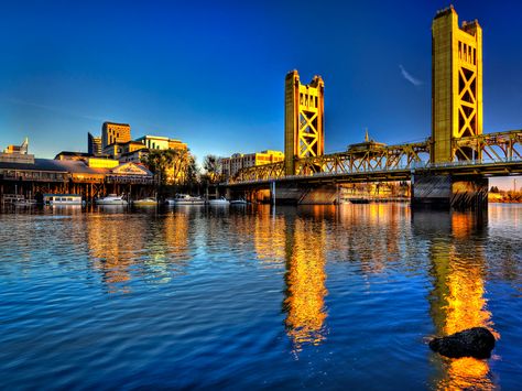 Sacramento River at Tower Bridge, Sacramento, California | Flickr Sacramento Bridge, The Blue Hour, Sacramento River, A Yacht, Sacramento California, Blue Hour, The Tower, California State, Street Scenes