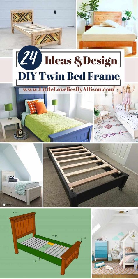 Cheap Twin Bed Frame, Corner Twin Beds Diy, Twin Bed Frame Plans, Pallet Twin Beds, Dyi Bed Frame, Farmhouse Twin Bed, Bed Made Out Of Pallets, L Shaped Twin Beds, Cheap Twin Beds