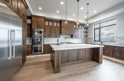 There’s something about dark wood cabinets that feels timeless ✨ #customhomes #builtforyou #housetour #houseplans #modernhomes #southernutah #hometour Light Flooring With Dark Cabinets, Light Floors Dark Cabinets Kitchen, Light Kitchen Floors, Kitchen With Light Wood Floors, Dark Cabinets With Light Floors, Light Floors Dark Cabinets, Light Kitchen Floor, Stain Cabinets, Dark Cabinets Light Floor