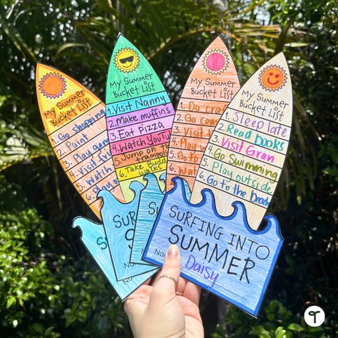 Celebrate the end of the school year and make plans for summertime fun with this printable summer activity. Students can write down their holiday goals such as driving to the beach, reading a new book, or learning a new skill on their personalised surfboards to take home. 🏖️ Beach Day Activities For School, First Day Of Summer Activities, Beach Day School, Surfboard Craft, Summer School Art, Holiday Goals, Summer School Crafts, Summer Vacation Activities, Goal Activities