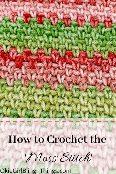 I love how simple the Moss stitch is! It’s made up of 2 stitches, the chain stitch and single crochet. That’s all! It’s a great stitch that gives a completely different look than just regular single crochet, but is easy enough that even beginners could easily grasp this stitch. . #mossstitch #crochetstitches #crochettutorial #howtocrochetthemossstitch Smooth Crochet Stitches, Crochet Blanket Moss Stitch, C2c Moss Stitch Crochet Pattern Free, Moss Stiches Crochet, Moss Crochet Stitch, Crochet Moss, Crochet Stitch Patterns, Moss Stitch Pattern, Knit Bags