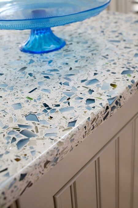 Cost Of Countertops, Recycled Glass Countertops, Best Kitchen Countertops, Outdoor Kitchen Countertops, Glass Countertops, Beach House Kitchens, Beach House Interior, Concrete Countertops, Glass Kitchen