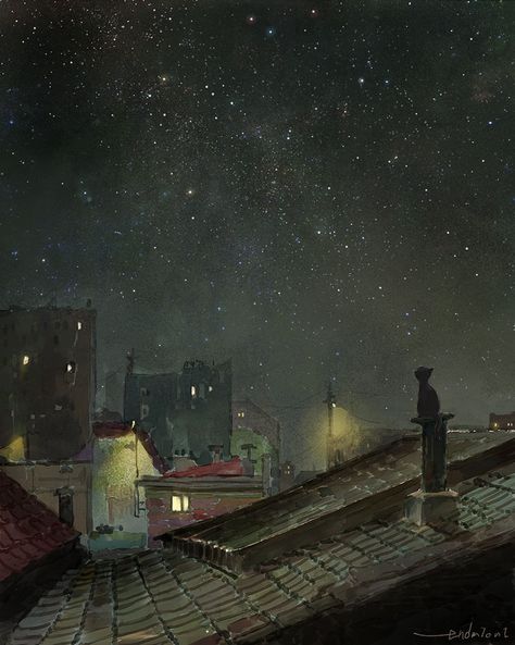 night sky by endmion1 Jungsuk Lee, Lukisan Cat Air, Rooftops, The Night Sky, Night City, Anime Scenery, Dark Art, Night Sky, Night Skies