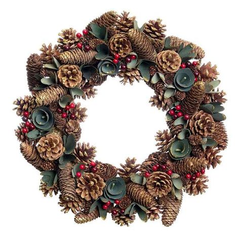 Modern farmhouse meets At Home prices in Honeybloom, our exclusive new brand that celebrates life lived together. Our 16.5in. Honeybloom Pinecone and Wood Curl Christmas wreath is an easy way to add a pop of charm and thought to any space. Bring new life to your porch, patio, kitchen or den with this festive sign of the season. Featuring a traditional holiday theme, this rustic wreath with green wood curl florets will bring years of enjoyment and will create a warm and cozy holiday setting. | Ho Green And Brown Christmas Tree, Pinecones Ideas, Christmas Pinecone Wreath, Wreath Pinecone, Pinecone Projects, Grapevine Wreath Christmas, Christmas Indoor Decor, Pinecone Wreaths, Pinecone Centerpiece