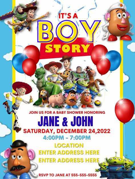 Toy Story Baby Shower Invitations, It’s A Boy Story Decor, Toy Story Themed Baby Shower (boy), Baby Shower Toy Story Theme, Toy Story Theme Baby Shower Ideas, Boy Ramos, It’s A Boy Story Baby Shower Ideas, It’s A Boy Story, A Boy Story Baby Shower Ideas