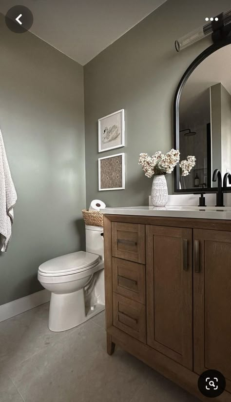 Sage Bathroom Color Scheme, Guest Bathroom Ideas Sage Green, Boho Master Bath Bathroom, Light Green Half Bathroom, Sage Colored Bathroom, Sage Green Walls Bathroom, Clary Sage Bathroom, Small Bathroom Paint Colors 2024, Light Sage Bathroom