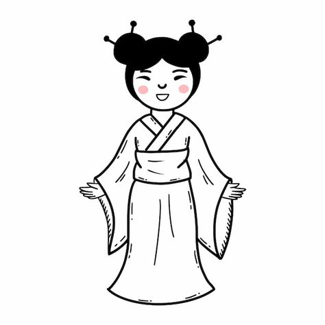 Vector japanese girl in kimono beautiful... | Premium Vector #Freepik #vector #japanese-cartoon #japanese-character #traditional-clothes #doodle-people Kimono Art Design, Japanese Kimono Drawing, Kimono Design Drawing, Traditional Clothing Drawing, Kimono Cartoon, Clothes Doodle, Japanese Doodles, Kimono Drawing, Japanese Traditional Art