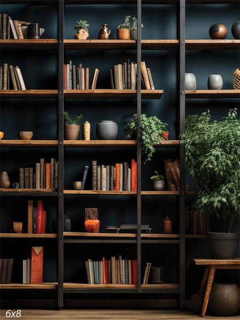 Modern Library with Greenery Photography Backdrop - A modern bookshelf filled with books