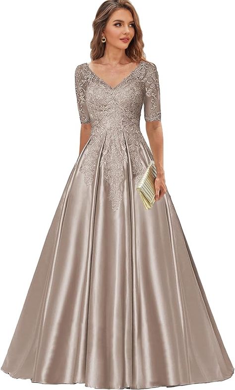 Amazon.com: Vestidos de satén para madre de la novia con mangas para boda, cuello en V, vestido de noche formal de encaje, Rosa encendido : Ropa, Zapatos y Joyería Satin Ballgown, Satin Ball Gown, Evening Dress Collection, Stylish Wedding Dresses, Stunning Gowns, Satin Gown, Satin Maxi, Maxi Dress Evening, Gowns With Sleeves