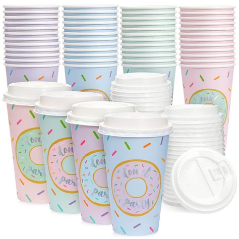 PRICES MAY VARY. Coffee Cups: These foil holographic and pastel-colored paper 16 ounce coffee cups with lids come designed with a cute donut party design and are great for serving coffee, hot cocoa, and tea The Perfect Size: These blue, green, purple, and pink disposable coffee cups with lids can hold up to 16 ounces and measure approximately 3.5 x 5.3 inches On-The-Go Cups: Use these donut themed birthday party supplies for all occasions, including baby showers, birthday parties, banquets, trav Sweet One Party Favors, Donut Birthday Party Decorations, Doughnut Birthday, Lucy Birthday, Donut Cup, Coffee Cups With Lids, Sprinkle Ideas, Donut Birthday Party, Sprinkles Design