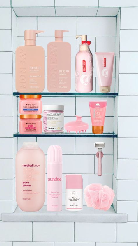 pink shower routine! #pink #shower #showerroutine #selfcare Shower Shelves Pink, Pink Shower Aesthetic, Pink Shower Routine, Teen Bathroom, Shower Care, Teen Bathrooms, Body Hero, Pink Products, Shower Products