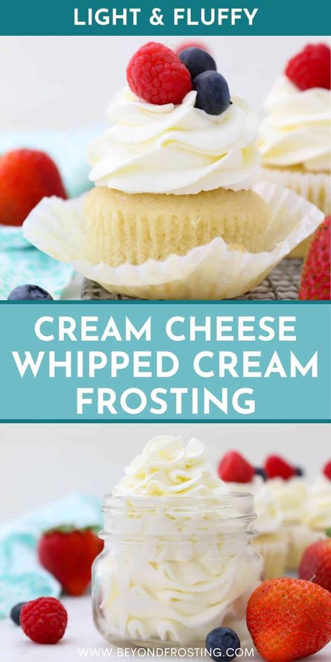 Cream Cheese Whipped Cream is a stable whipped cream recipe that is perfect for decorating cakes and cupcakes. It's light, fluffy, and much less sweet than cream cheese frosting. Cream Cheese Whipped Cream Frosting, Easy Frosting Recipe, Whipped Cream Recipes, Stable Whipped Cream, Cream Cheese Whipped Cream, Fluffy Cream Cheese Frosting, Whipped Cream Recipe, Whipped Cream Cheese Frosting, Baking Decor