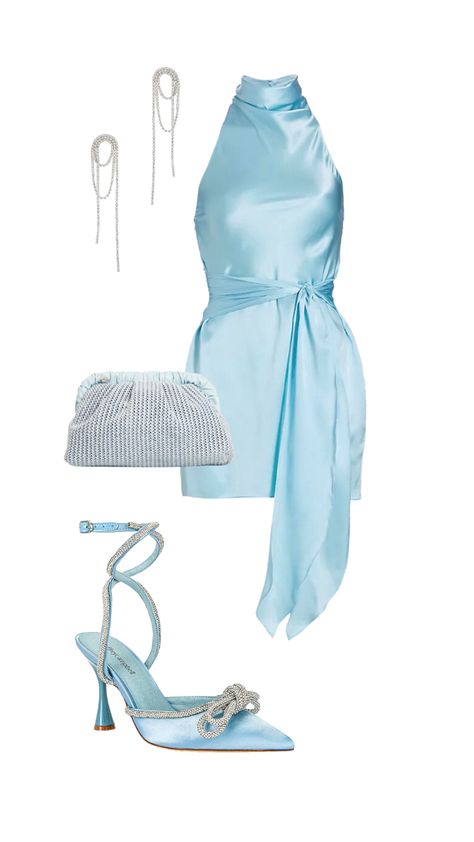 Blue satin dress with matching heels and rhinestone accessories