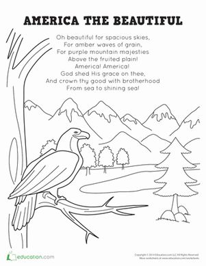 July 4th/Independence Day Preschool Places Worksheets: America the Beautiful Lyrics Independence Day Preschool, Lyrics Worksheet, United States Symbols, Patriotic Activities, Patriotic Words, Purple Mountains, Classroom Songs, Social Studies Worksheets, America The Beautiful