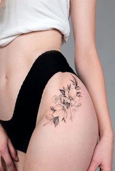 Side Thigh Tattoos Women, Pelvic Tattoos, Tatuaje Studio Ghibli, Small Thigh Tattoos, Flower Hip Tattoos, Rosen Tattoo Frau, Hip Tattoo Designs, Hip Tattoo Small, Side Thigh Tattoos