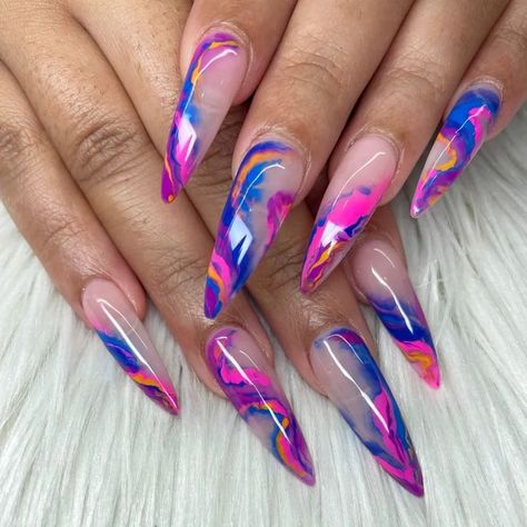 Gelx Apres Nail Designs Long, Colorful Almond Shaped Nails, Sculptured Nails Design, Colorful Abstract Nails, Short Coffin Shape Nails Designs, Purple Stiletto Nails Design, Encapsulated Nails Acrylics, Carnival Nails Designs, Watercolor Nail Designs