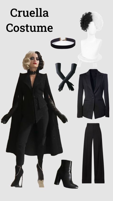 Hollowen Costumes Easy, Cruella 2021 Costume, Cruella Outfits Inspired, Cruella All Outfits, Cruella Costume Emma Stone, Cruella Halloween Costumes Women, Emma Stone Cruella Costume, Krewella Deville Costume, Cruela Halloween Costumes