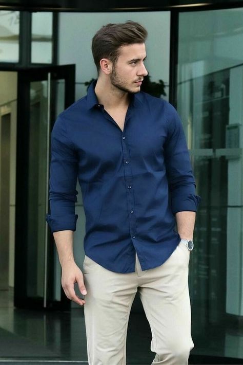 Blue Dress Shirt Outfit, Dark Blue Dress Shirt, Dress Shirt Outfit, Looks For Men, Simple Street Style, Blue Dress Shirt, Dark Blue Dress, Outfit Formulas, Style Looks