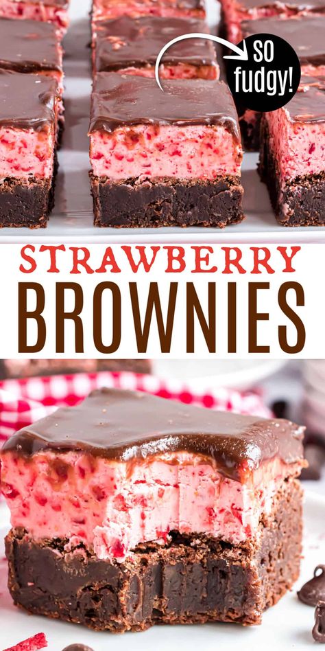 Strawberry Brownie Knomes, Chocolate Covered Strawberry Brownies Recipe, Brownies With Strawberry Frosting, Chocolate Dipped Strawberry Brownies, Strawberry Cream Brownies, Cute Brownies Ideas, Strawberry Cream Cheese Brownies, Brownie Flavors Ideas, Strawberry Chocolate Brownies