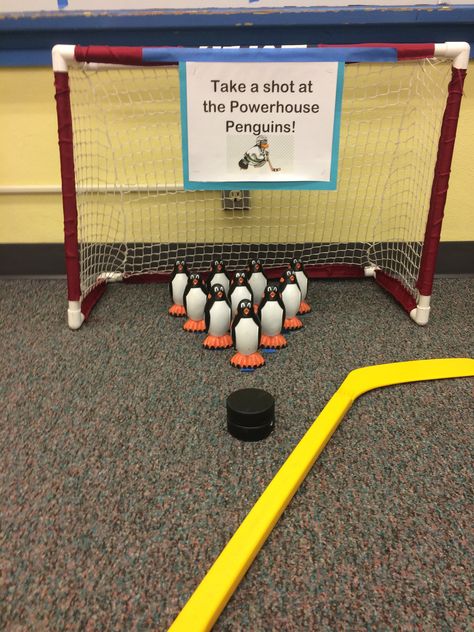 I combined bowling, hockey, and winter by creating Penguin Hockey. The kids used the hockey stick and puck to try to knock down as many penguin bowling pins as they could during my winter theme in the sensory room. I found the penguin bowling pins on EBay for less than 10$ and the physical education department provided the net and hockey stick. Penguin Bowling, Penguin Theme, Penguins Hockey, Sensory Room, Gym Classes, Bowling Pins, The Penguin, Hockey Stick, Girl Birthday Party