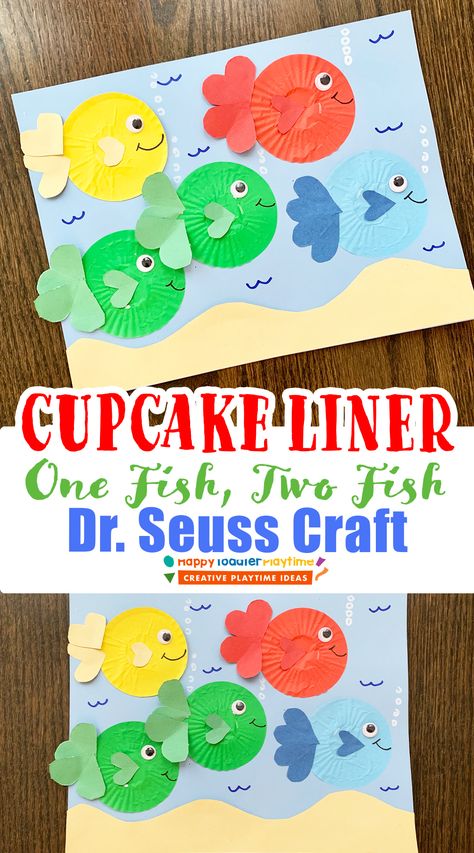 Dr Seuss Fish Craft, One Fish Two Fish Activities Preschool Dr. Seuss, One Fish Two Fish Red Fish Blue Fish Craft, One Fish Two Fish Activities Preschool, Dr Suess Crafts For Kids, Dr Seuss Art Projects For Kids, One Fish Two Fish Red Fish Blue Fish, Red Fish Blue Fish Craft, Cupcake Liner Fish