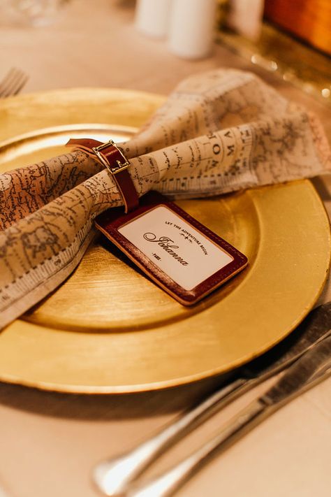 Wedding Menu Travel Theme, Wedding Ideas For Travelers, Travel Theme Table Setting, History Wedding Theme, Travel Theme Dinner Party, Traveling Wedding Theme, Wedding Ideas Travel Theme, Travel Wedding Favors, Travel Themed Wedding Centerpieces