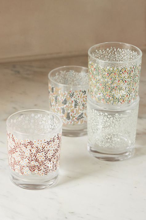 Set of four Decaled glass Hand wash Imported | Short Juice Glasses, Set of 4 by 1canoe2 at Anthropologie Anthropologie Home Glassware, Painted Glass Tumblers, Cute Drink Glasses, Cute Glassware, Anthropologie Glassware, Anthropologie Dishes, Dishwear Sets, Anthropologie Style Decor, Funky Dishes