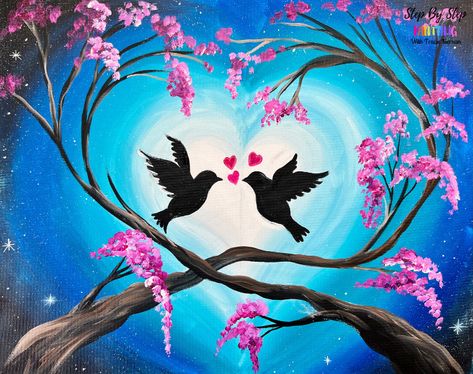 "Love Doves" - Couples Painting or Single Design Dove Cherry, At Home Painting, Northern Lights Painting, White Paint Pen, Twisted Tree, Couple Painting, Home Painting, Canvas Painting Tutorials, Easy Design