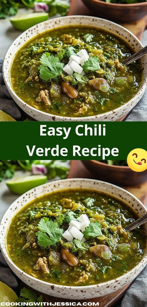 Discover an easy dinner recipe with this Chili Verde. It’s a fantastic option for weeknight meals, providing hearty comfort and vibrant flavors that make it one of the best family dinner recipes around. Easy Chili Verde Recipe, Authentic Chili Verde Recipe, Easy Chili Verde, Tomatillo Chili, Flavorful Chili Recipe, Chili Verde Recipe, Green Chili Stew, Chili Verde Pork, Green Chili Recipes